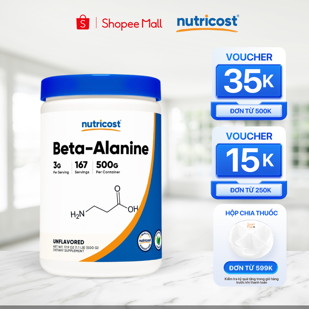 Bột Beta Alanine Nutricost 500g của Mỹ, hỗ trợ tăng sức mạnh, sức bền và hiệu suất tập luyện