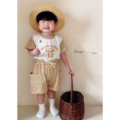 Set bộ cộc Beemo phối tay kẻ in chữ vải cotton thoáng mát cho bé trai từ 9-24kg 5082BHB