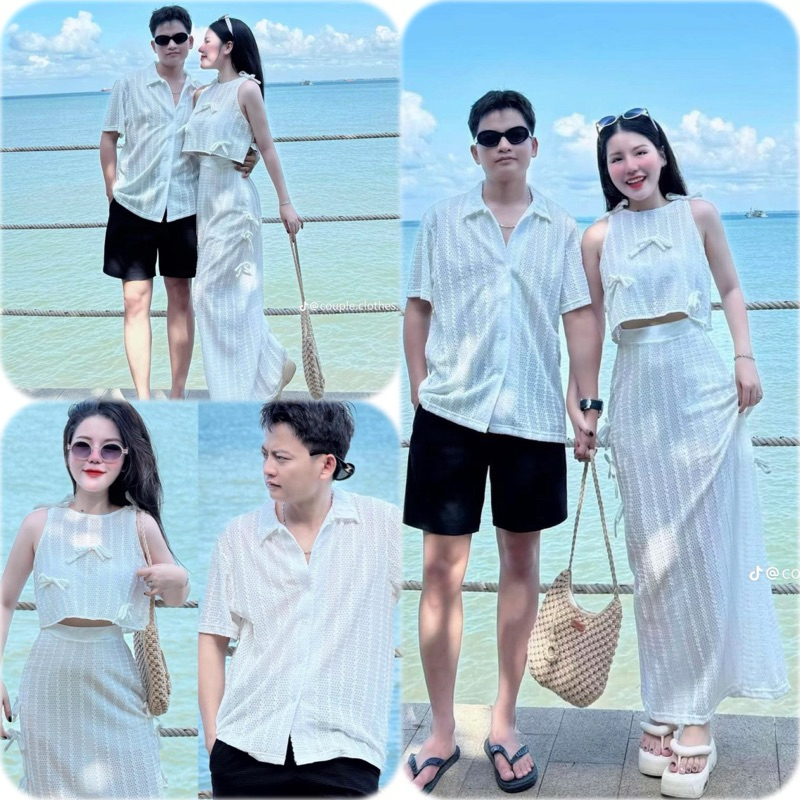 (Nam đến 95kg)💋Set đồ đôi- áo ren nơ sát nách mix chân váy dài midi mix áo sơ mi nam
