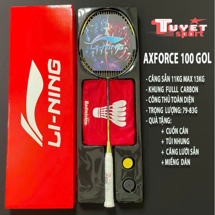 Vợt Cầu Lông Axforce 100 bản full hôp khung carbon kèm cuốn cán, túi đựng vợt căng sẵn 11kg max 13kg