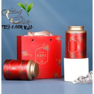 Hộp Thiếc Đựng Trà Chống Gỉ | Lông Công 2 Màu Đỏ Xanh | Nắp Kép Chống Ẩm | Trà Phạm Nga