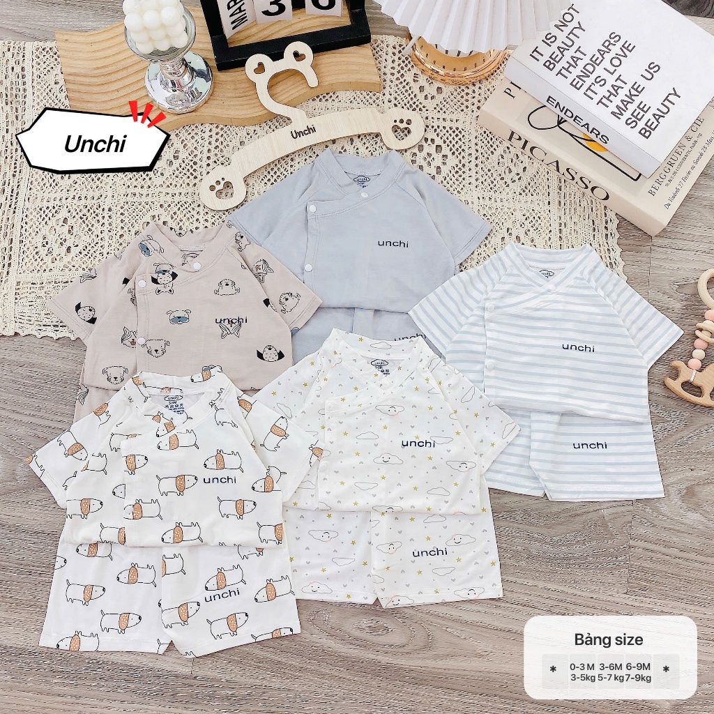 BC15. Bộ sơ sinh cộc tay Unchi vạt áo 2 lớp, vải petit mềm mát, họa tiết mây trắng cho bé từ 3-9kg