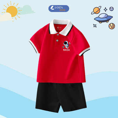 Bộ đồ đi học cho bé trai áo polo+quần short - Quần áo cho bé in hình phi hành gia - Loza Kids BV279