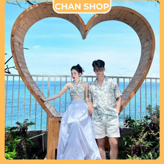 Set Đồ Đôi Nam Nữ Đi Biển - Áo Cổ Yếm Mix Chân Váy Dài , Sơ Mi Nam Chất Lụa Mát | CHAN SHOP