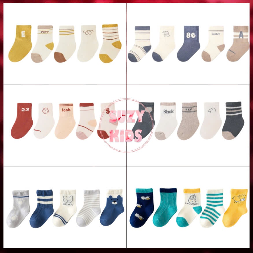 Sét 5 Đôi Vớ Cổ Cao Cho Bé, Tất Trẻ Em Vải Mềm Mịn, Cho Bé Sơ Sinh Đến 6 Tuổi V01