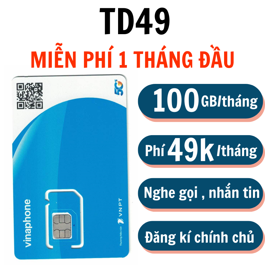 [ FREE SHIP ] Sim 4G Vinaphone TD49 Miễn Phí Tháng Đầu - 49K/Tháng Tặng 100GB/Tháng Tốc Độ Cao Truy 