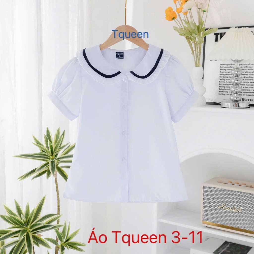 Áo sơ mi trắng CỔ BÈO VIỀN XANH nữ học sinh đồng phục học sinh bé gái cấp 1 cấp 2, sơ mi cổ sen, đồ 