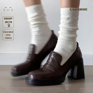   Chuẩn Hàng QC  Giày Cao Gót Nữ Mũi Vuông Chunky cndshoe Giày Lười 8CM Dáng Oxford Penny Shoes Không Bí Chân 