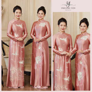 Áo dài mẹ cao cấp vải lụa Ruby màu hồng phai,Áo mẹ sui hoạ tiết thêu chim hạc hoa sen đính kết cổ áo tỉ mỉ