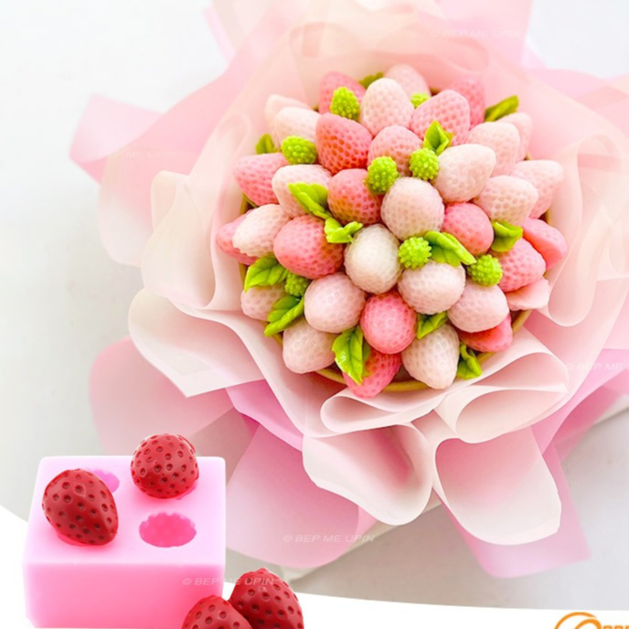 Vỉ 4 quả dâu mã 3.7 khuôn silicon quả dâu làm bánh xinh đẹp khuôn quả dâu tây