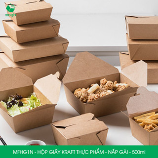 MFHG1N - Combo 50 hộp giấy kraft thực phẩm 500ml hộp giấy nắp gập màu nâu đựng thức ăn mang đi 