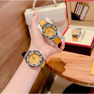  Đồng Hồ Nữ Dimini Đính Đá Ống Dây Silicon Bọc Da Cao Cấp Size 34Mm Có Lịch Ngày B4-Vàng 