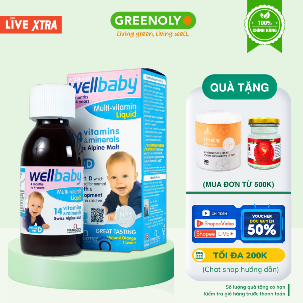 Siro Bổ Sung Vitamin Cho Trẻ Vitabiotics Wellbaby Từ 4 Tháng Tuổi Multi-Vitamin Liquid Chai 150ml