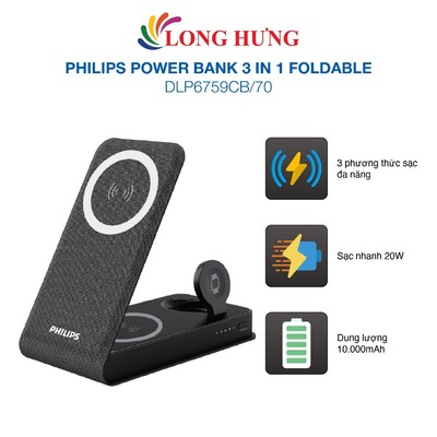 Đế sạc không dây Magnectic Wireless Philips Power Bank 3 in 1 Foldable DLP6759CB/70 - Hàng chính hãng