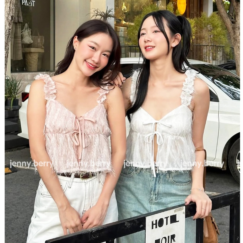 Niki Top - Áo hai dây nữ cúp ngực thắt nơ voan tơ đính lông vũ
