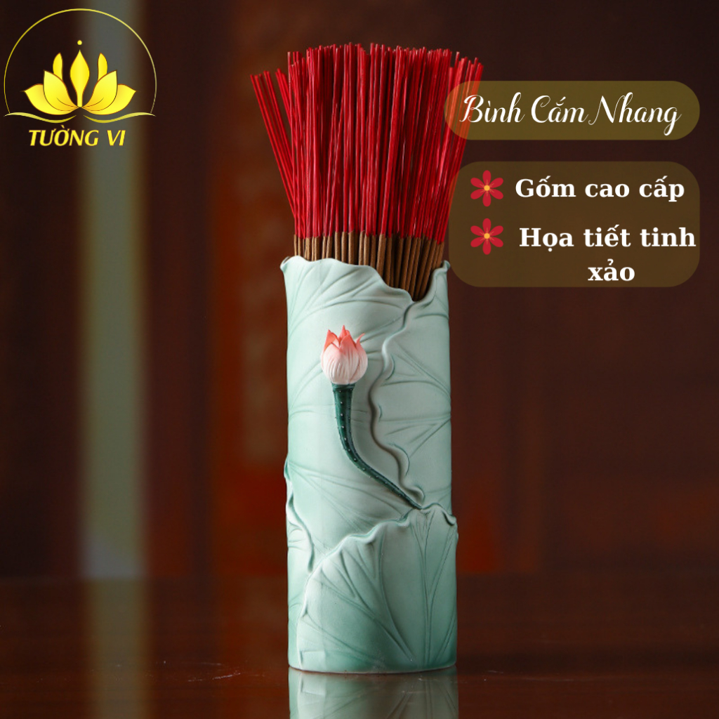 Bình đựng nhang thờ cúng, bình cắm hương, ống nhang, ống đựng nhang cây, họa tiết hoa sen, bằng gốm