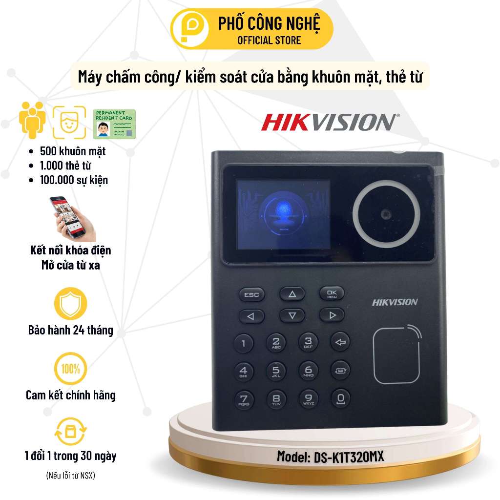 Máy chấm công khuôn mặt Hikvision DS-K1T320MX, có tiếng việt, xuất file excel, mở cửa từ xa