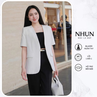 Áo blazer ngắn tay NhunFashion Áo vest nữ khoác ngoài tay lỡ cổ nhọn không nút có đệm vai hàng 2 lớp đứng form N144