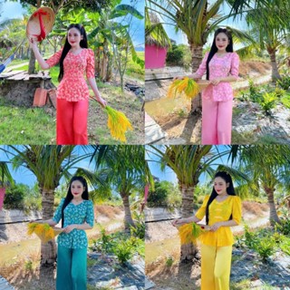 SÉT ÁO KÈM QUẦN BÀ BA CỔ TIM TAY LỠ CHẤT VẢI GẤM TƠ TẰM 2 DA QUẦN LỤA PHỦ BÓNG ĐỦ SIZE S,M,L,XL,XXL,3XL