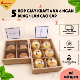 [QP-G] SET 5 Cái hộp giấy vuông kraft loại 4 ngăn và 6 ngăn đựng bánh Trung Thu kèm nắp nhựa mica mờ