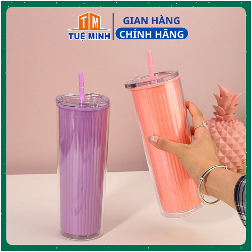 Bình nước nhựa 2 lớp trong suốt kèm ống hút tiện lợi, cốc nhựa uống nước đẹp 710ml