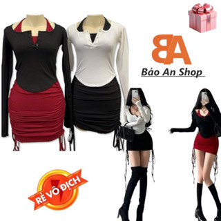 [SB74] Sét bộ nữ 2 món đầm ôm body nữ kiểu cổ yếm phối rút dây đùi kèm áo tay chất vải thun gân len