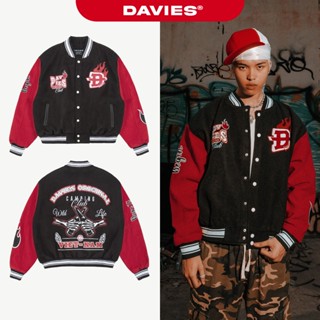Áo varsity nỉ đen phối tay đỏ DAVIES thêu họa tiết full 2 mặt form rộng nút bấm Camping Club Bomber Jacket| D-AK11