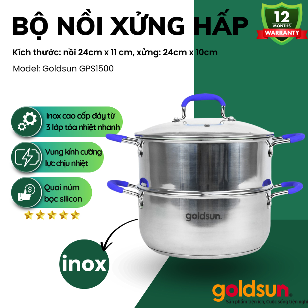 Bộ Nồi Inox Goldsun GPS1500 Chính Hãng Inox Cao Cấp Đáy Từ 3 Lớp Nấu Nhanh Có Xửng Hấp Tiện Dụng