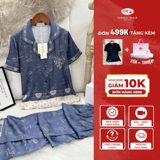 Set pijama mặc nhà hãng Sam kiểu dáng áo cộc quần dài chất lụa mềm thoáng mát họa tiết chữ tim , bướm ngực áo trẻ trung