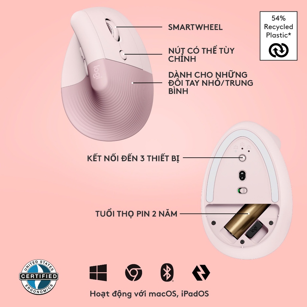 Chuột công thái học không dây Logitech Lift Vertical - Bluetooth | USB, giảm ồn, Win/ Mac | BigBuy360 - bigbuy360.vn
