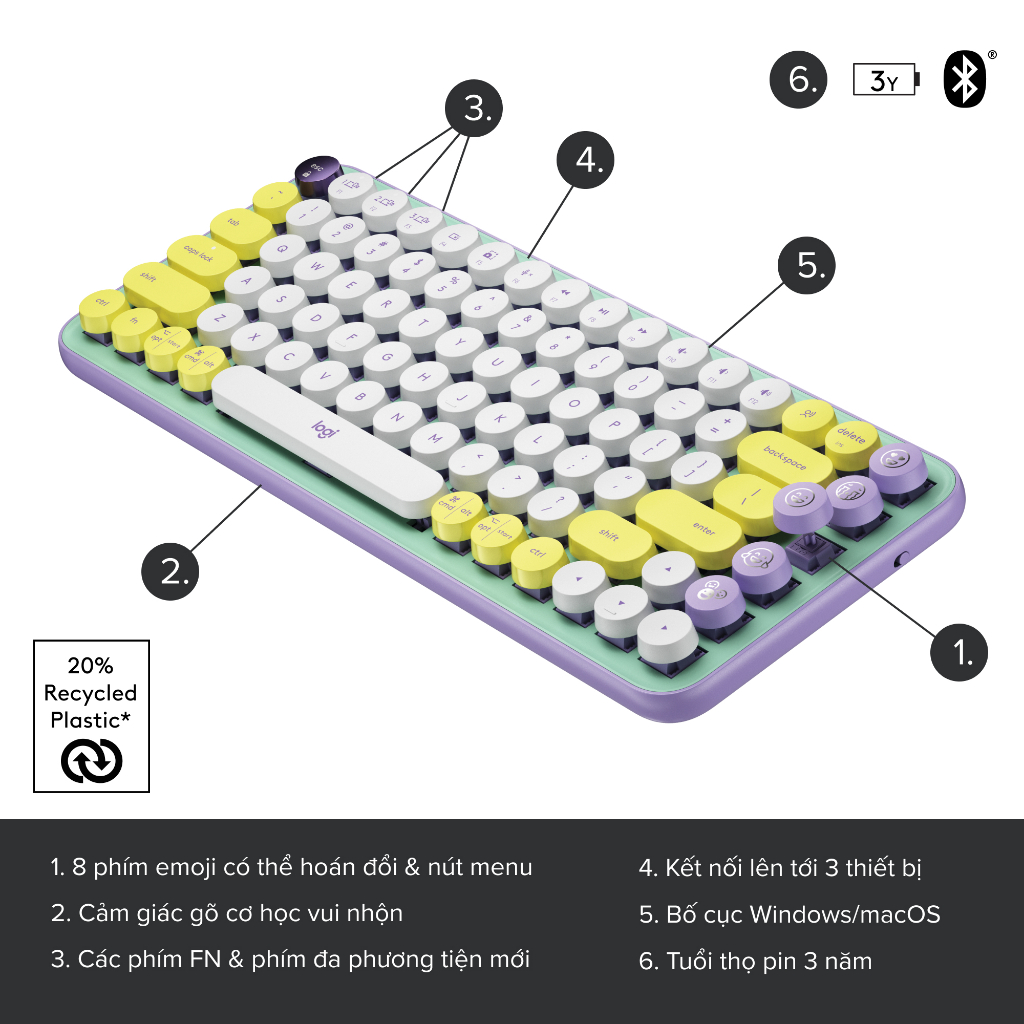 Bàn phím cơ không dây bluetooth | USB Logitech POP KEYS - phím emoji có thể tùy chỉnh | BigBuy360 - bigbuy360.vn