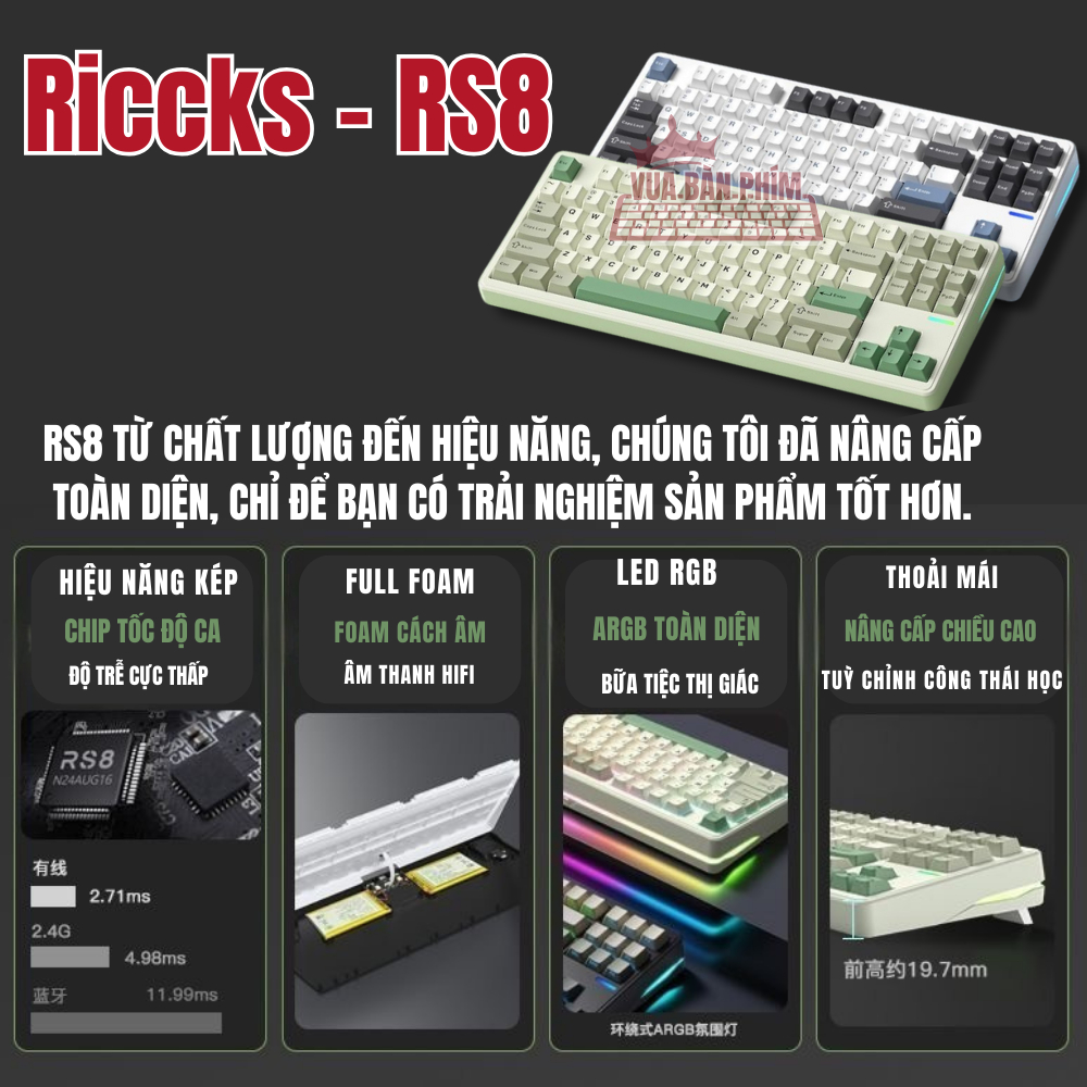[HÀNG SẴN] Bàn phím cơ Riccks Rs8 | riccks rs87 V2 không dây, mạch xuôi, led rgb, gasket mount, hostswap, qmk via | BigBuy360 - bigbuy360.vn