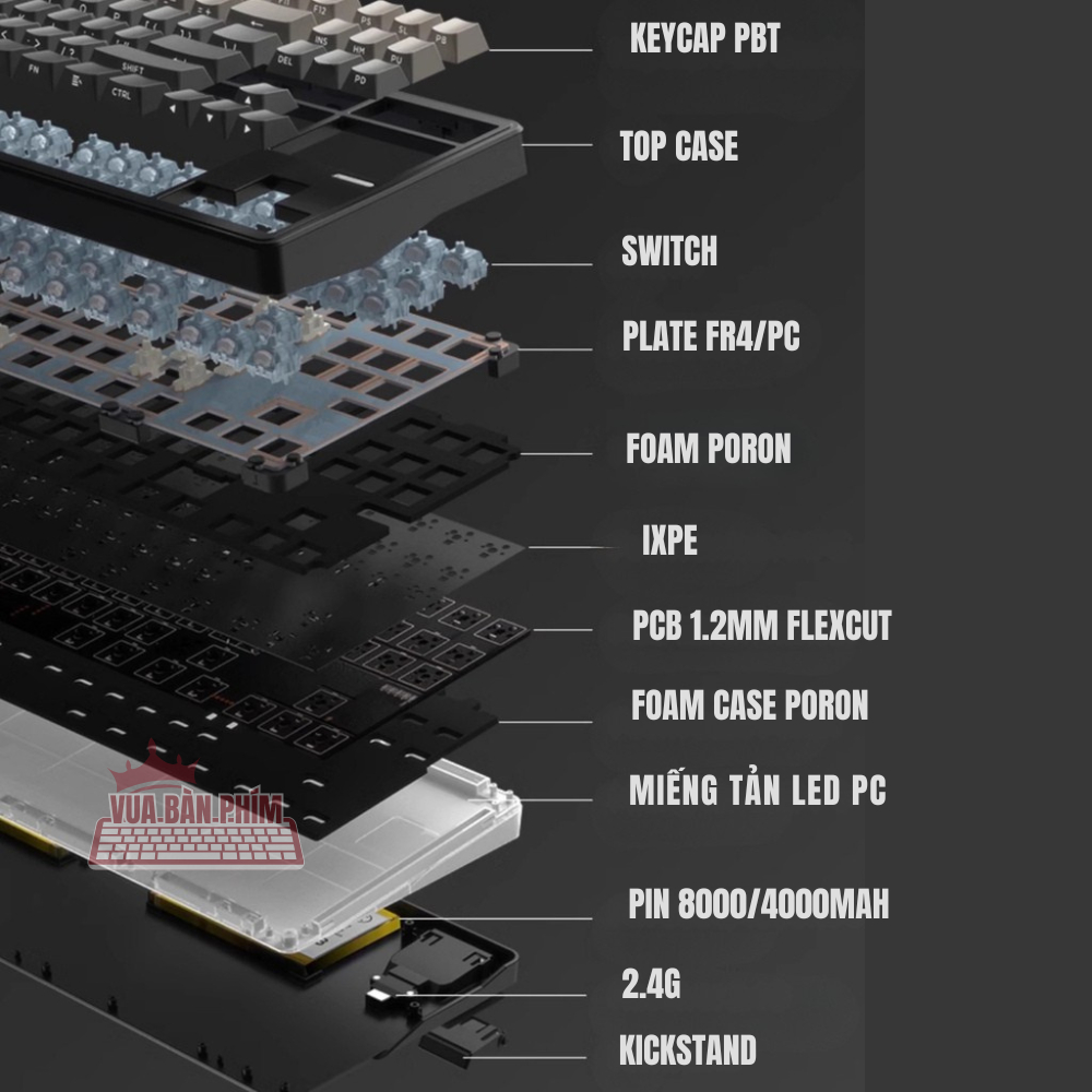 [HÀNG SẴN] Bàn phím cơ Riccks Rs8 | riccks rs87 V2 không dây, mạch xuôi, led rgb, gasket mount, hostswap, qmk via | BigBuy360 - bigbuy360.vn