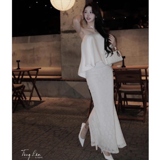 Set đồ nữ sang chảnh tiểu thư áo quây cúp ngực dáng suông xòe phối chân váy ren dài thiết kế dự tiệc sự kiện LONA Jennie