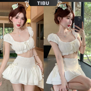 Set Áo Croptop Đính Nơ Phối Chân Váy Xoè Tầng Nhún Eo TIBU Set Đồ Nữ Tiểu Thư Đi Biển Trắng Sang Chảnh B((392))