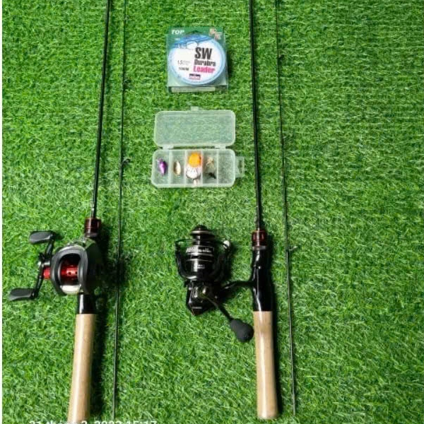 ComBo Cần Câu Cá ul Cán Gỗ 1m68 1m8 1m98 máy ngang tay phải và trái và máy đứng ac2000 kèm phụ kiện