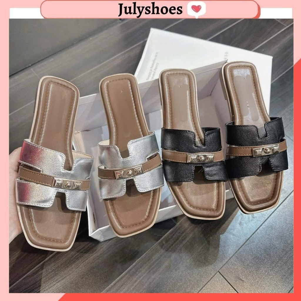 Dép Nữ Quai H Màu Đen Bạc Vân H Đế Chữ H Dép Lê Nữ Chữ H Quai Ngang Khóa Xích