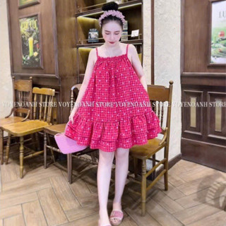  Đầm 2 dây Trái tym dáng babydoll xinh xỉu Bầu bí 76kg bao vừa nha 