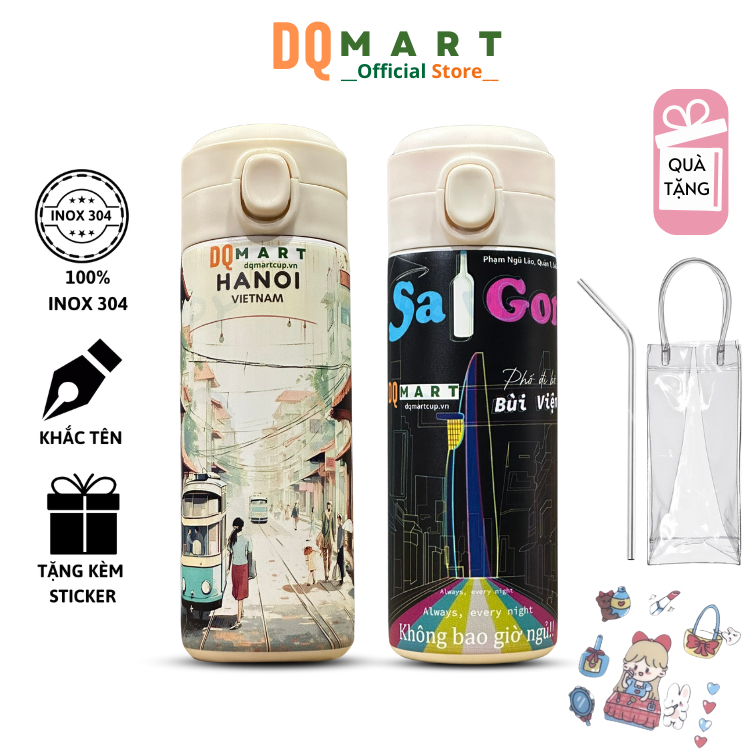 Bình Giữ Nhiệt Địa Điểm Việt Nam DQMARTCUP, 420ml, IN Tên Theo Yêu cầu, DQMART Quà tặng cao cấp DQ