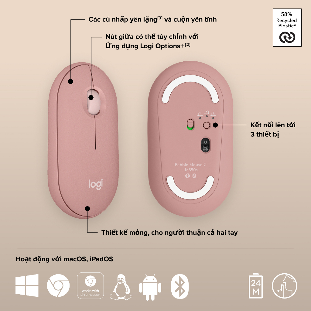 Chuột Bluetooth Logitech M350s Pebble 2 Silent - Mỏng nhẹ, Nút tùy chỉnh, Easy-Switch, 4000DPI | BigBuy360 - bigbuy360.vn
