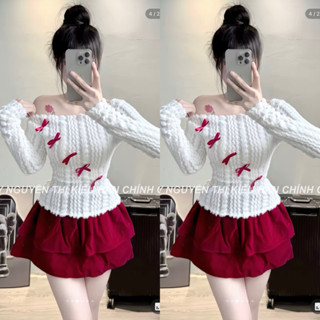Set Bộ Áo Lông Len Thỏ Đũa Trắng Lệch Vai Tay Dài Đính Nơ Đỏ + Chân Váy Nhung Tầng Xoè Có Lót Quần