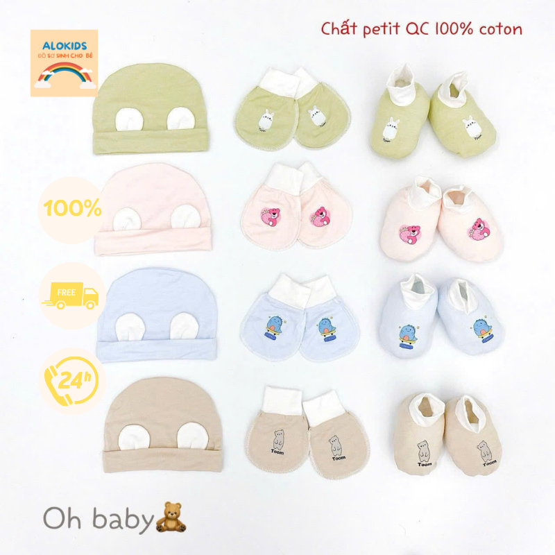 Sét mũ bao tay bao chân bé trai bé gái sơ sinh babytoom phối tai bo nhiều màu chất petit mềm mịn mát thấm hút mồ hôi