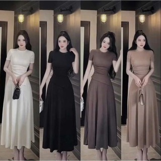  Set Chân Váy Xoè Dáng Dài Thanh Lịch Mix Áo Nhún Eo Vạt Xéo Cổ Tròn Tay Ngắn Thun Gân Mềm Mặc Được Trong Mọi Dịp 