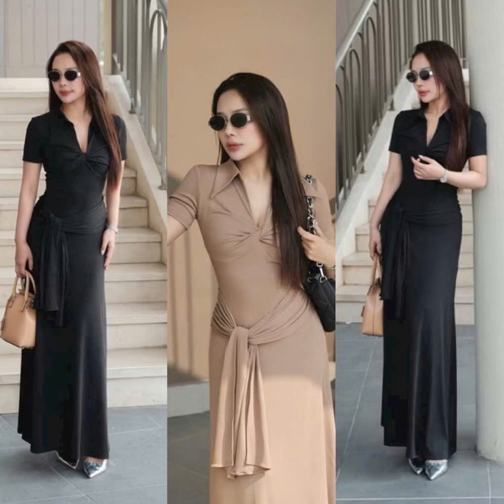 Đầm Body Dáng Dài Cổ Trụ Xoắn Ngực Tay Ngắn Phối Dây Cột Eo Duyên Dáng Thanh Lịch Chất Thun Gân Tăm Đầm Đi Tiệc