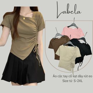 Áo Thun Nữ Rút Dây Bên Sườn Labela, Áo cổ vạt chất liệu tăm Hàn Áo Phông Cổ Tròn Basic Co Giãn, Form Đẹp 285