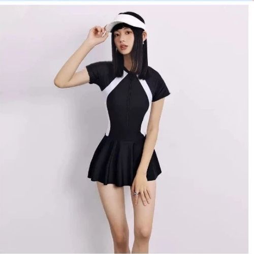 Ms073 [Có size M,L,XL]Bikini đồ bơi đi biển một mảnh dây kéo đen phối xám  form váy có quần bảo hộ, HÀ BIKINI DKV01. | BigBuy360 - bigbuy360.vn