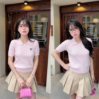 [KOL] Áo len ngắn tay mùa hè cổ bẻ polo dáng ngắn vặn thừng thêu nơ PL06 tiểu thư công sở DELIZ