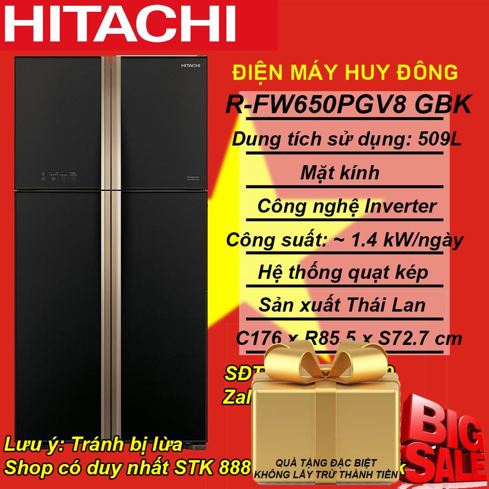 Tủ lạnh Hitachi Inverter 509 lít R-FW650PGV8 GBK chính hãng