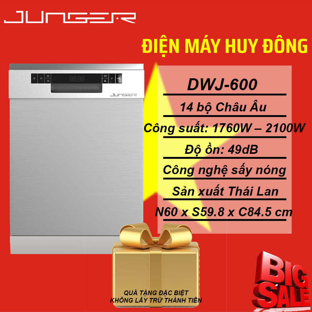 Máy rửa chén Junger DWJ-600, 14 bộ, màu xám, công suất 2400W, kích thước 598x845x600mm