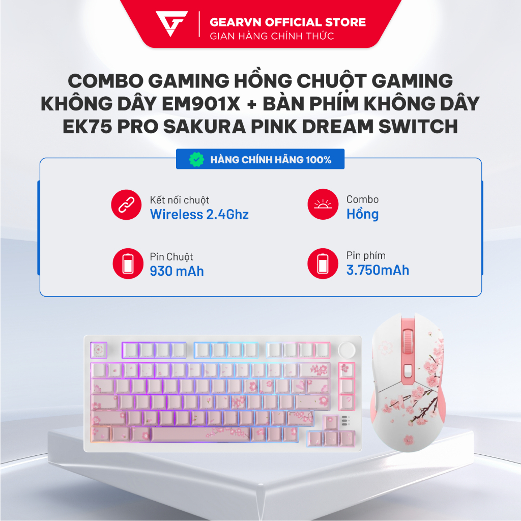 COMBO GAMING SAKURA - CHUỘT PHÍM KHÔNG DÂY EM901X + EK75 PRO SAKURA